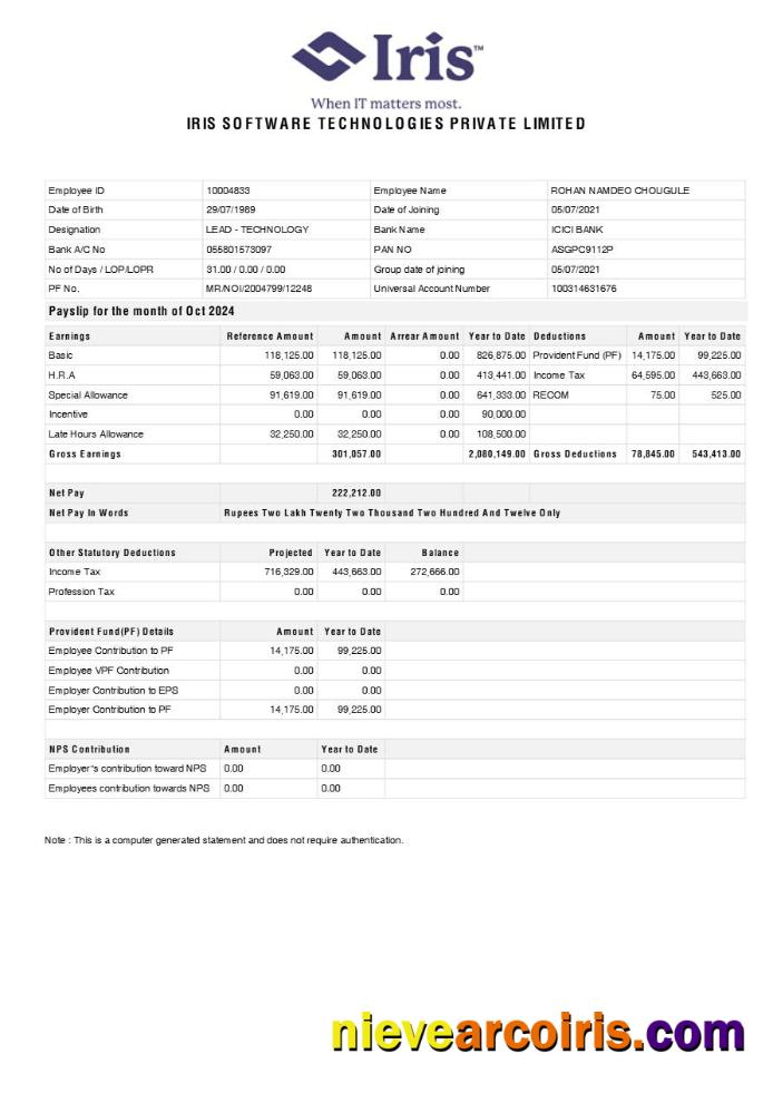 Iris Software Technologies payslip
